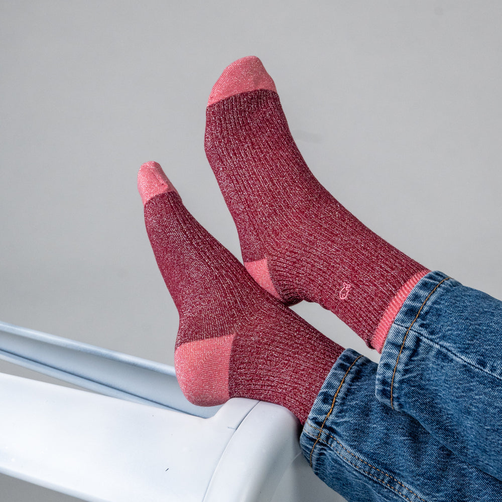 FPA12 - Chaussette en coton peigné Bordeaux et Rose - Femme