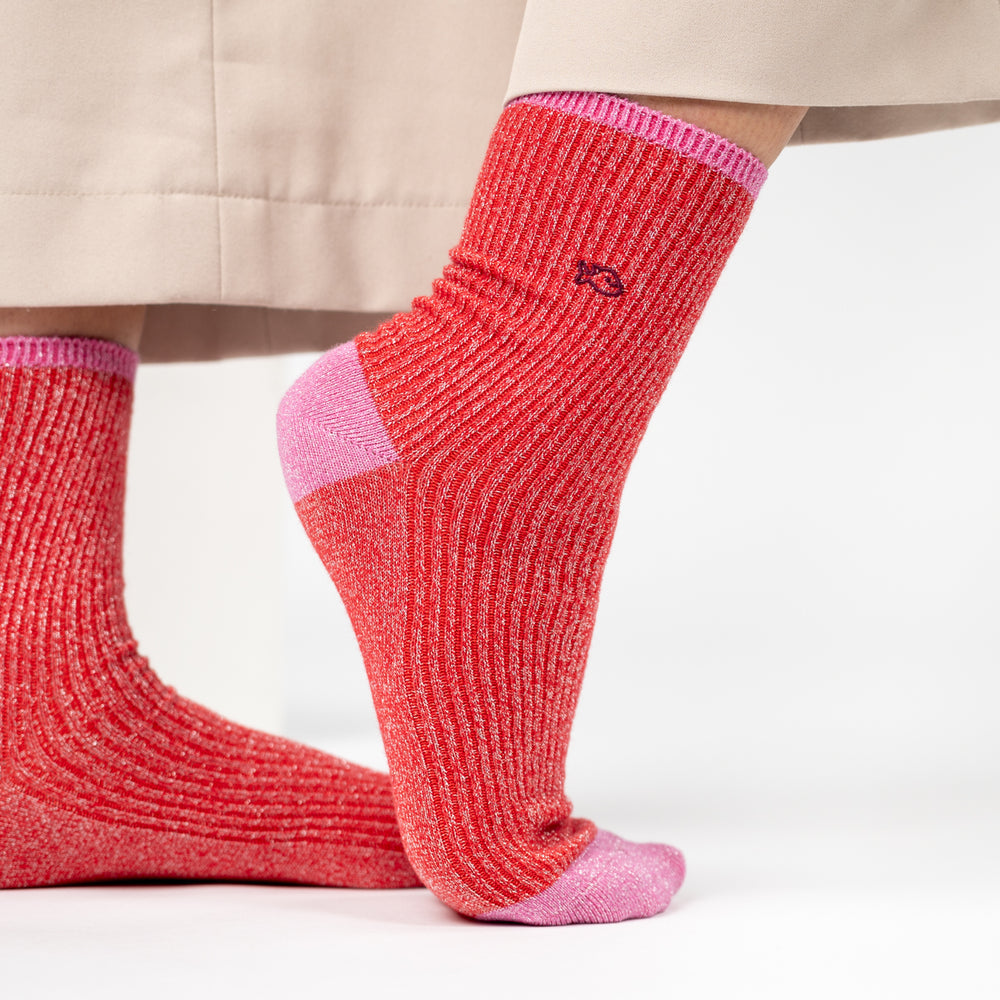 FPA14 - Chaussettes pailletées en coton peigné vintage - Rouge - Femme