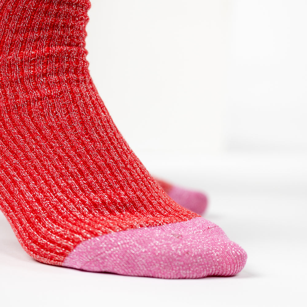 FPA14 - Chaussettes pailletées en coton peigné vintage - Rouge - Femme