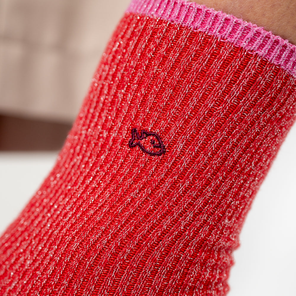 FPA14 - Chaussettes pailletées en coton peigné vintage - Rouge - Femme