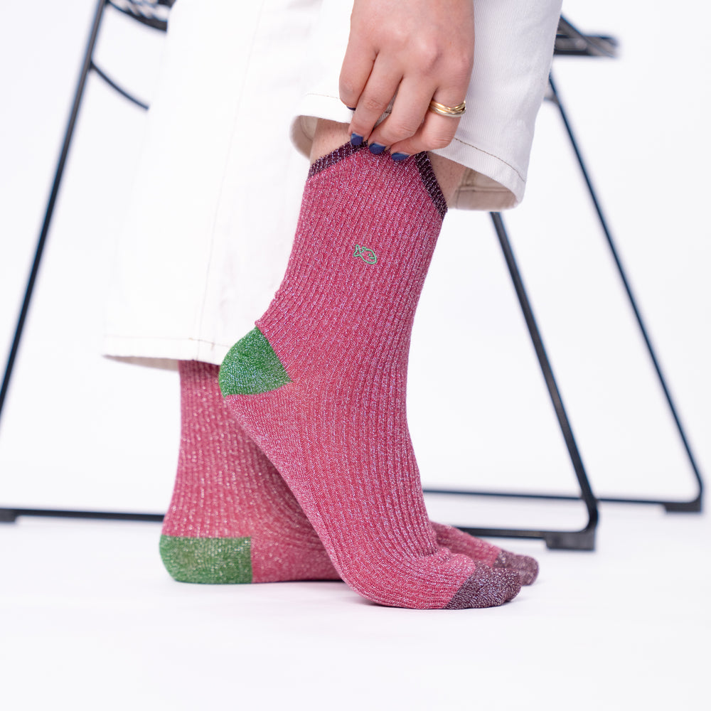 FPA18 - Chaussettes pailletées en coton peigné vintage - Vieux rose