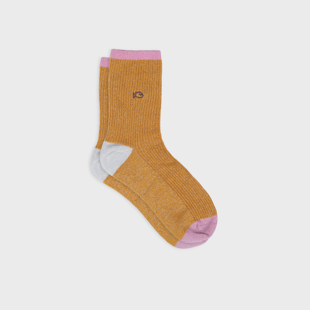 FPA23 - Chaussettes pailletées en coton peigné vintage - Moutarde - Femme