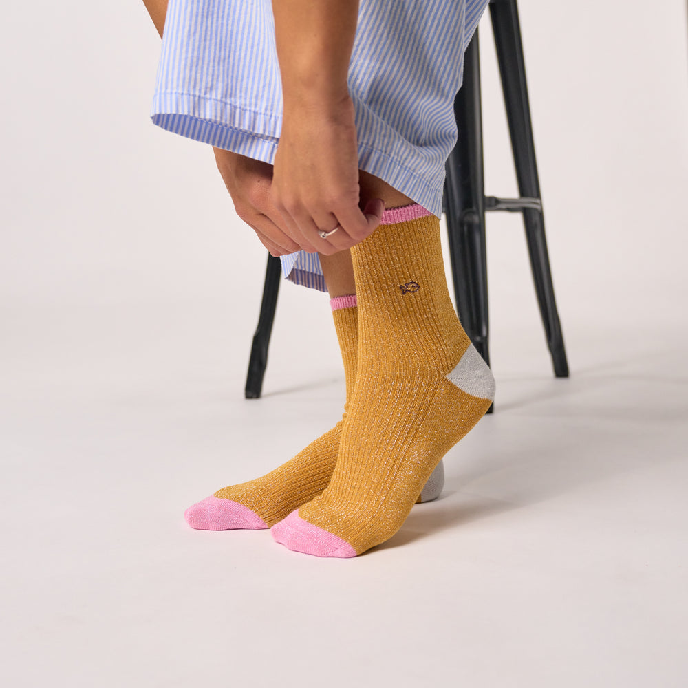 FPA23 - Chaussettes pailletées en coton peigné vintage - Moutarde - Femme