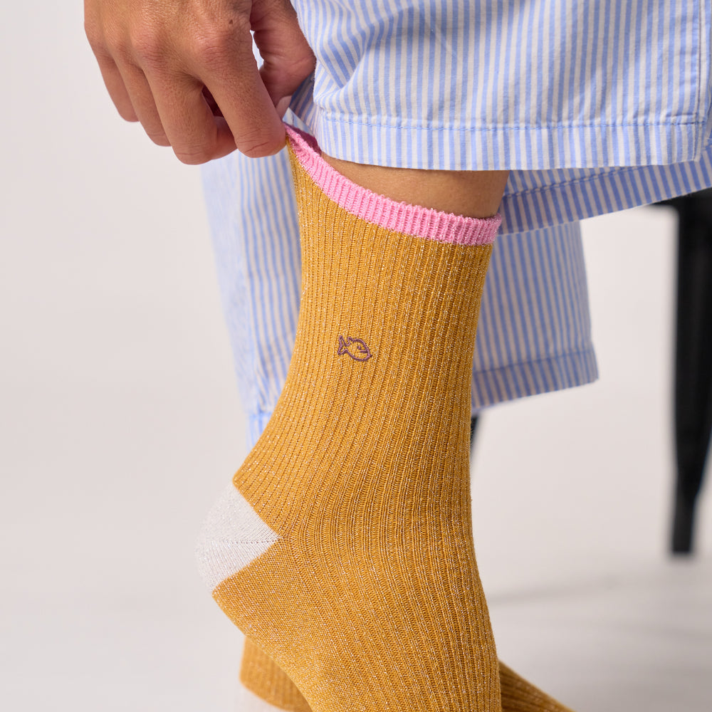 FPA23 - Chaussettes pailletées en coton peigné vintage - Moutarde - Femme