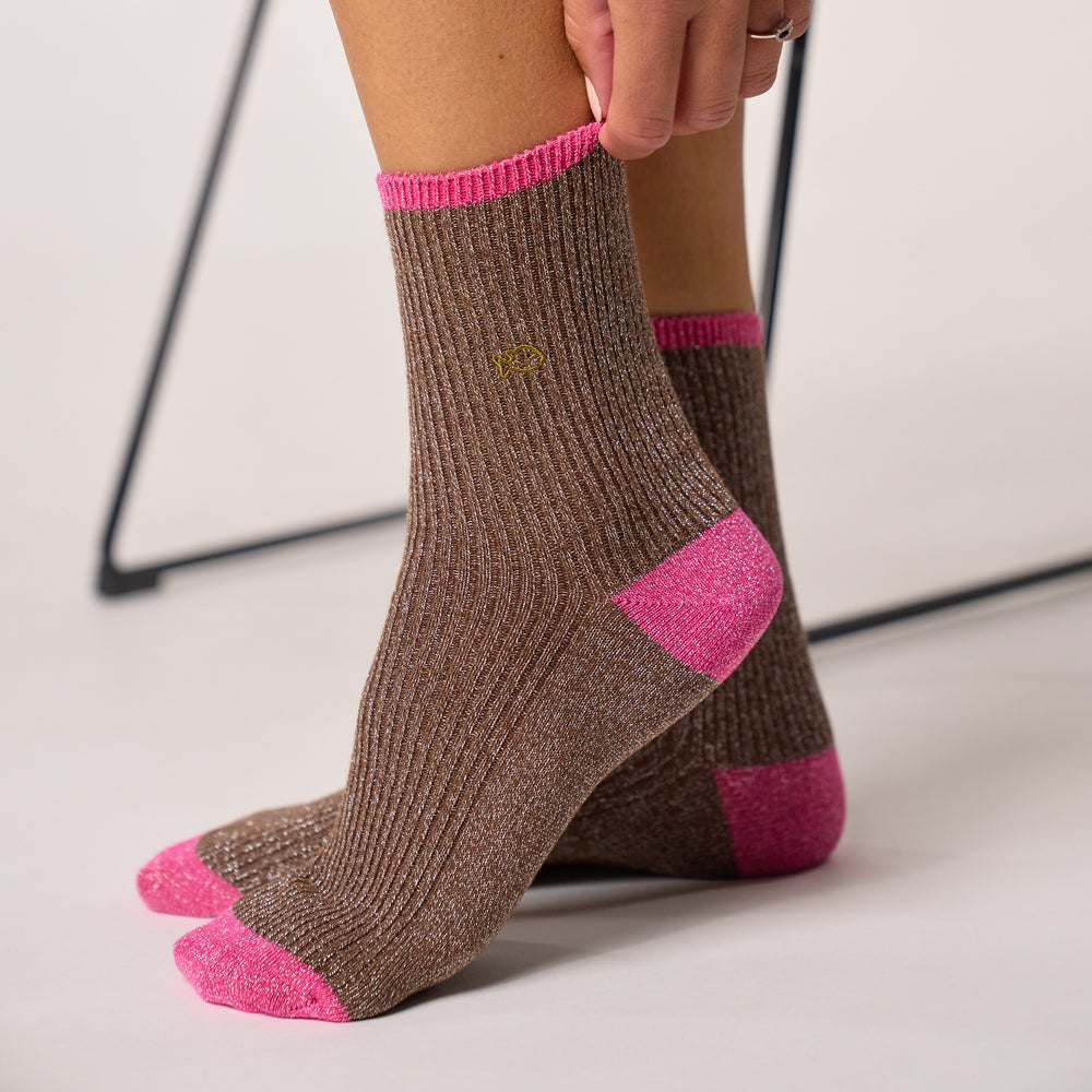 FPA25 Chaussettes pailletées en coton peigné vintage - Marron - Femme