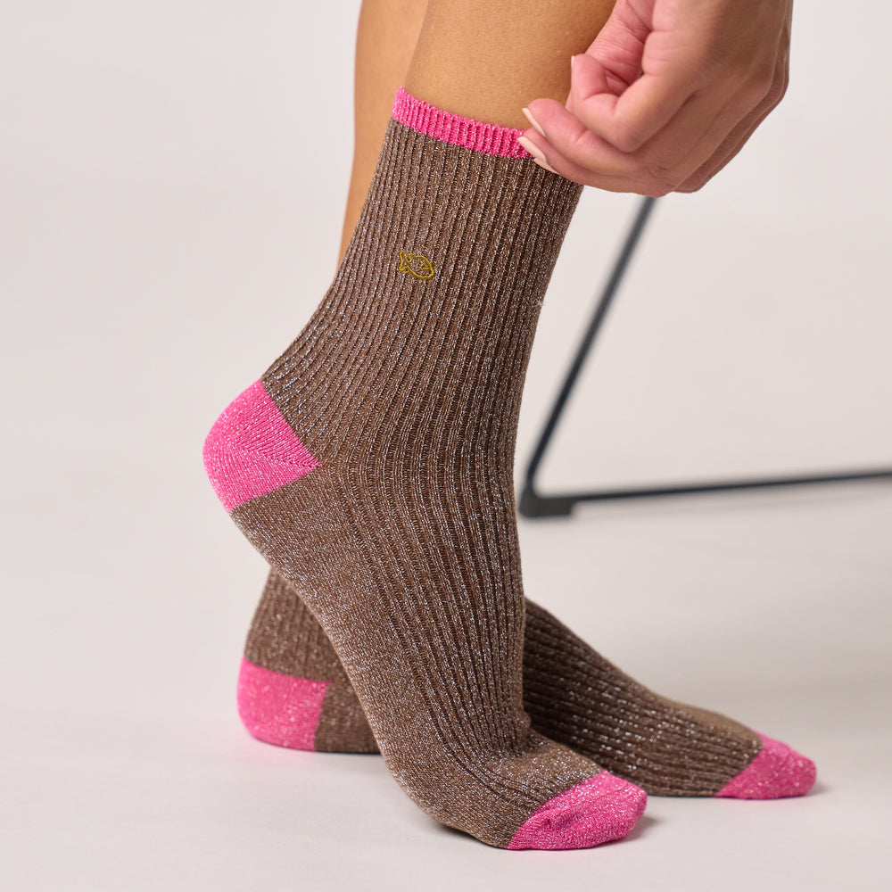 FPA25 Chaussettes pailletées en coton peigné vintage - Marron - Femme