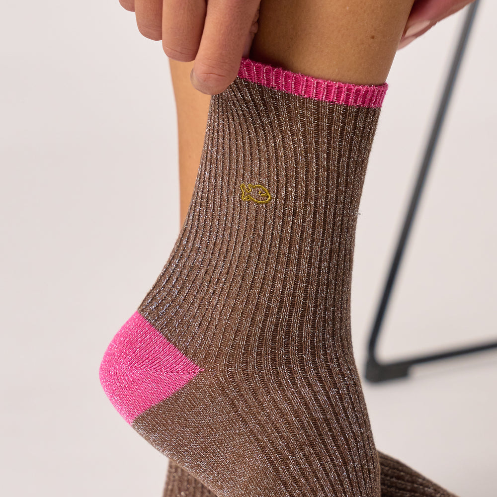 FPA25 Chaussettes pailletées en coton peigné vintage - Marron - Femme