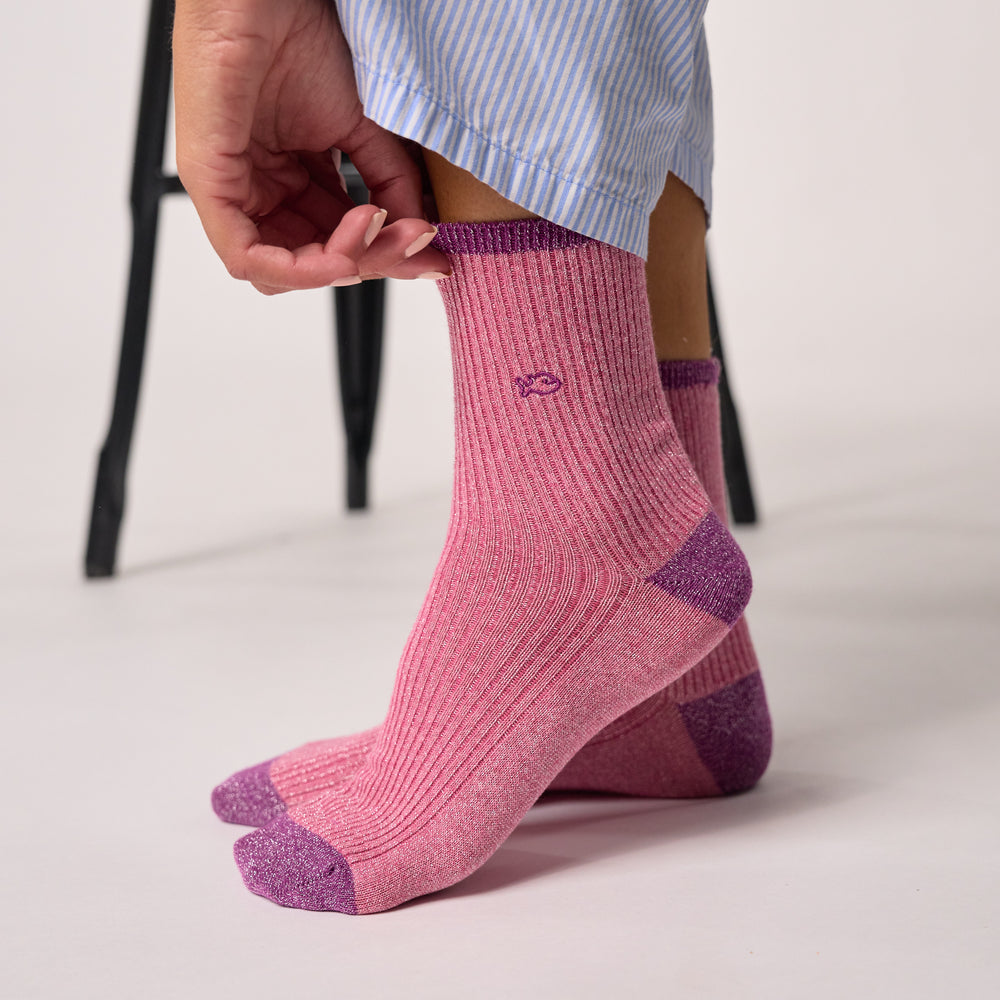 FPA26 Chaussettes pailletées en coton peigné vintage - Rose - Femme
