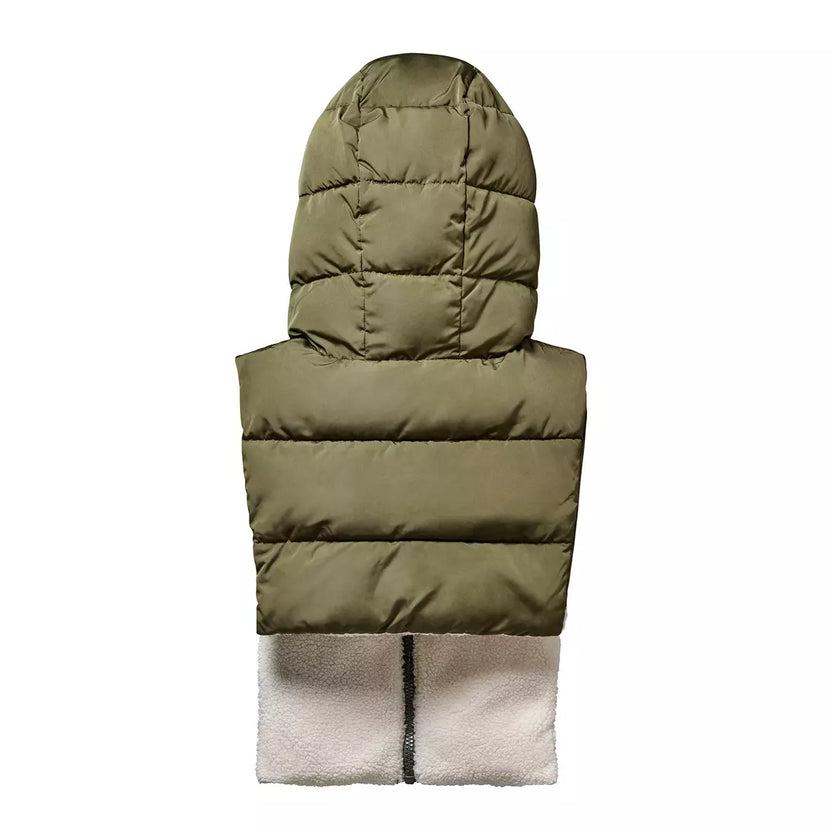 Capuche doudoune kaki et écru effet mouton