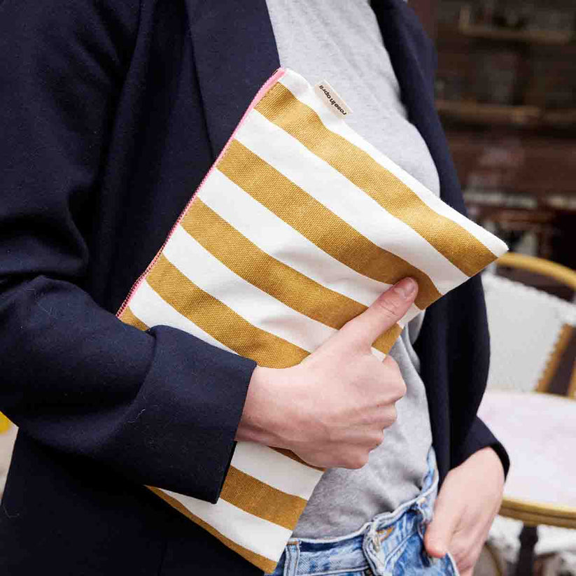 Lili - Grande Pochette Rayures Ecru Caramel