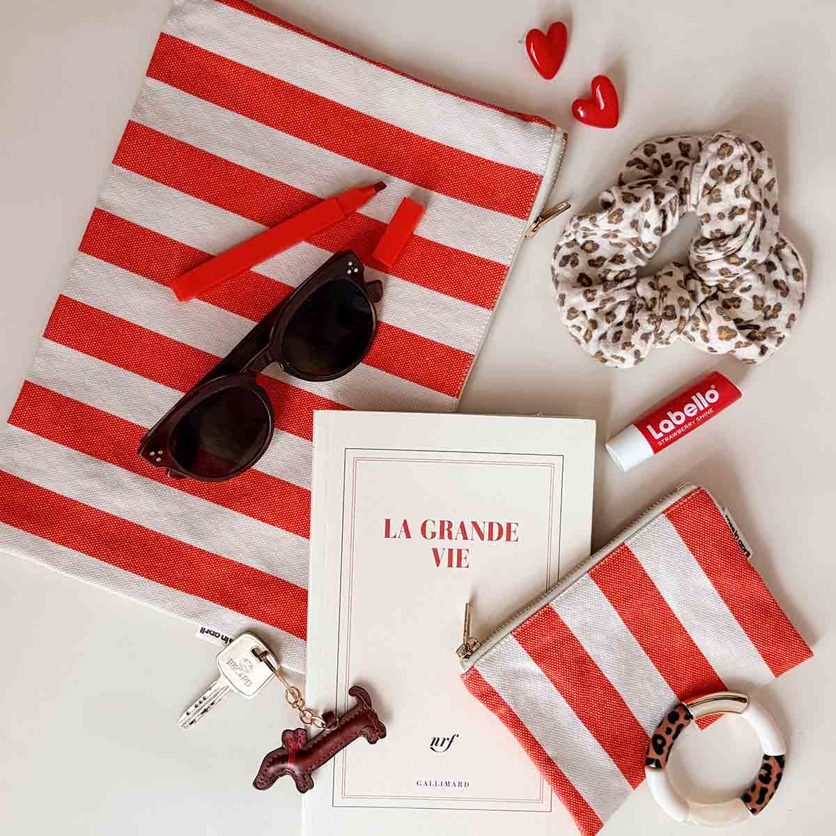 Lili - Grande Pochette rayures Greige / Tomato