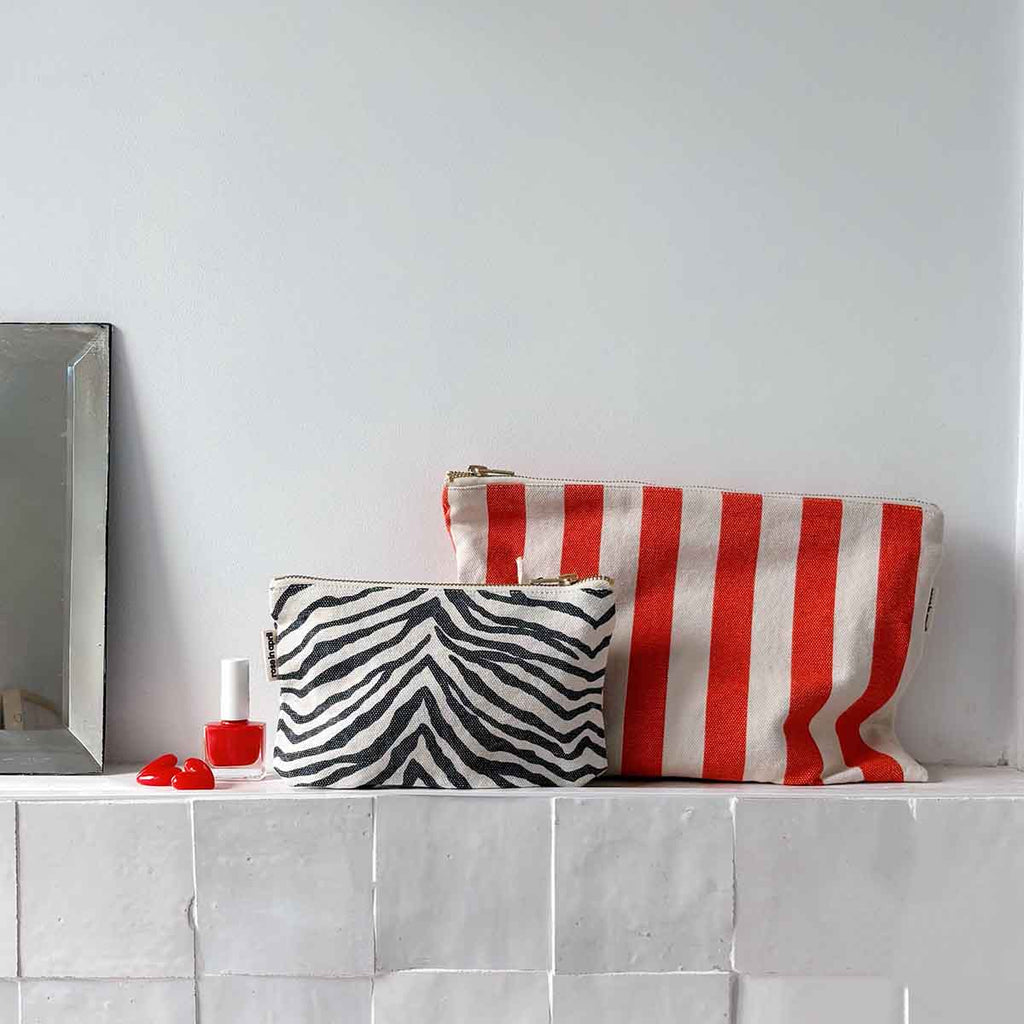 Lili - Grande Pochette rayures Greige / Tomato