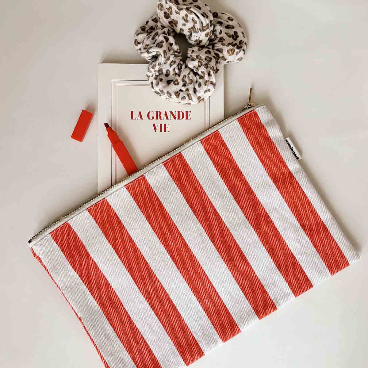 Lili - Grande Pochette rayures Greige / Tomato