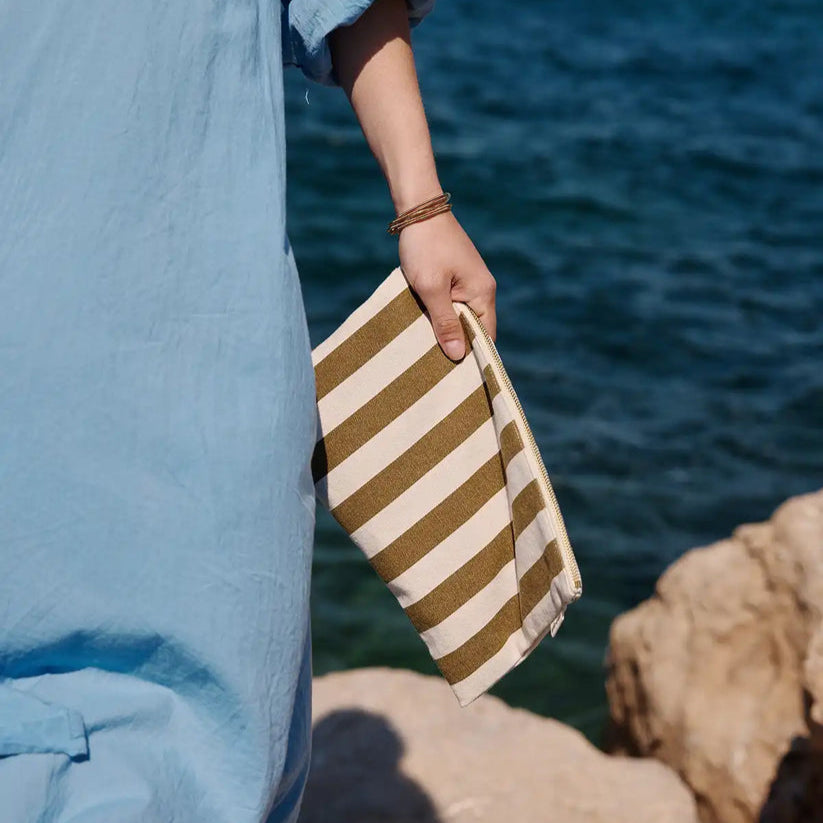 Lili - Grande Pochette Rayures Olive / Greige
