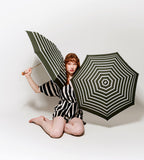 Charles - Mini parapluie kaki, rayures blanches « marinière » – micro & solide