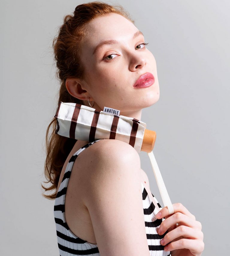 Lazare - Mini parapluie rayé caramel « marinière » – micro & solide