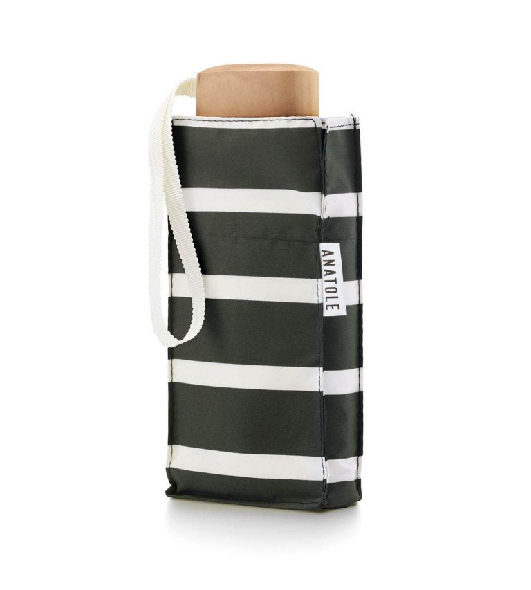 Charles - Mini parapluie kaki, rayures blanches « marinière » – micro & solide