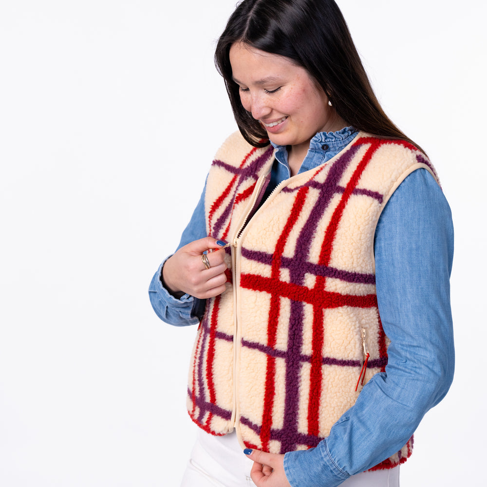 SHE33 - Veste en sherpa femme zippée sans manche - Carreaux