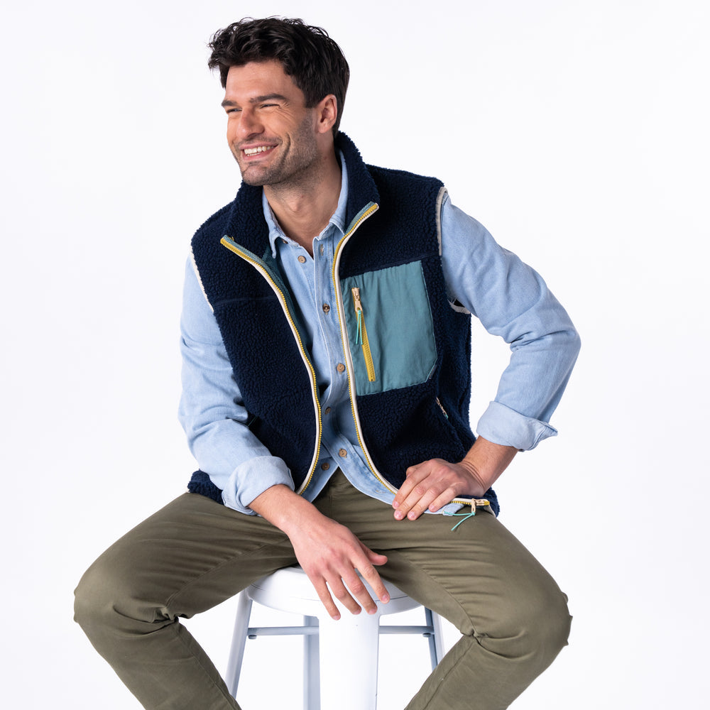 SHE35 - Veste en sherpa Homme zippée sans manche - Marine & Vert