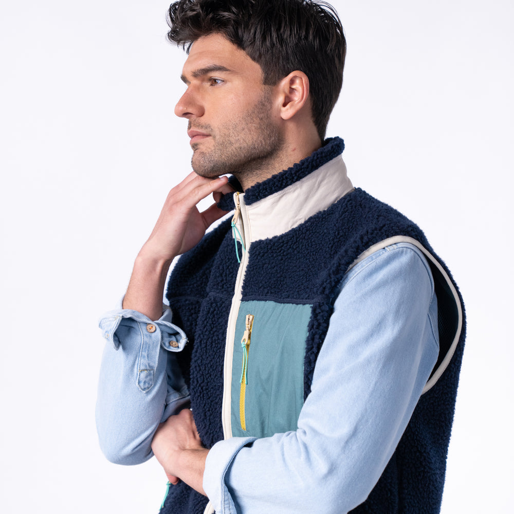 SHE35 - Veste en sherpa Homme zippée sans manche - Marine & Vert