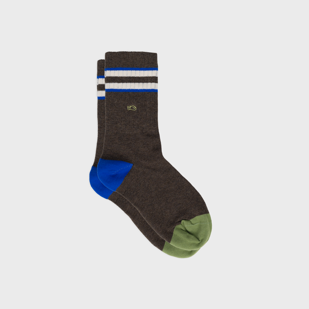 TE30 - Chaussettes en coton peigné rétro - Marron, rayé ivoire et bleu - Homme
