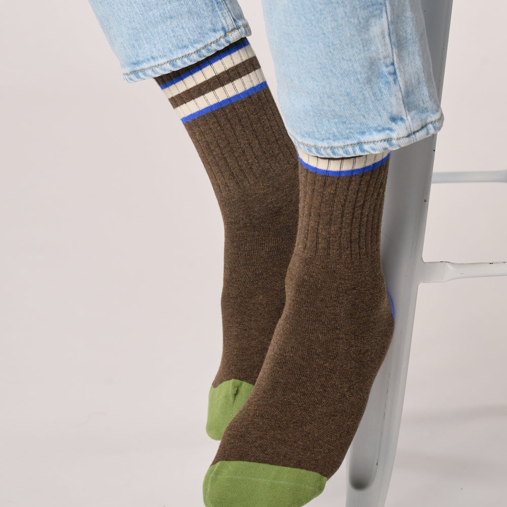TE30 - Chaussettes en coton peigné rétro - Marron, rayé ivoire et bleu - Homme