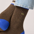 TE30 - Chaussettes en coton peigné rétro - Marron, rayé ivoire et bleu - Homme