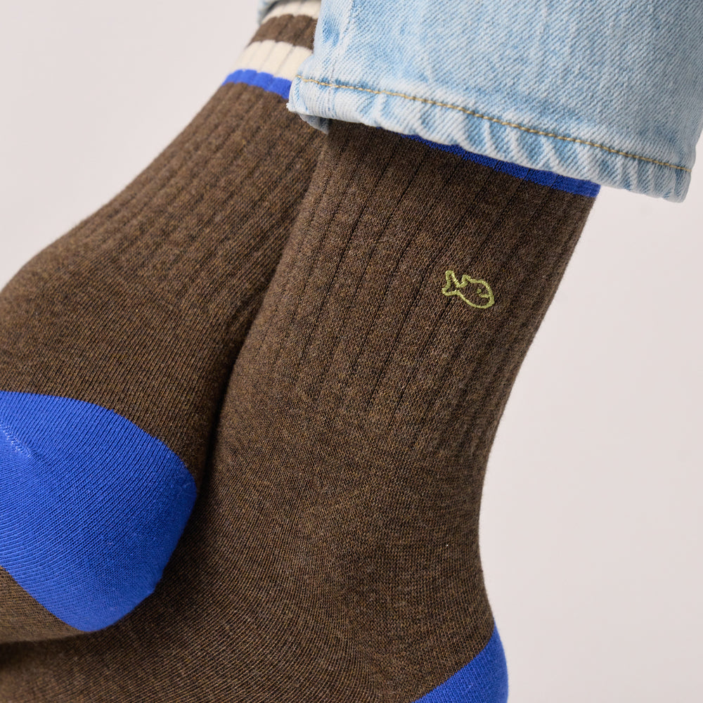 TE30 - Chaussettes en coton peigné rétro - Marron, rayé ivoire et bleu - Homme
