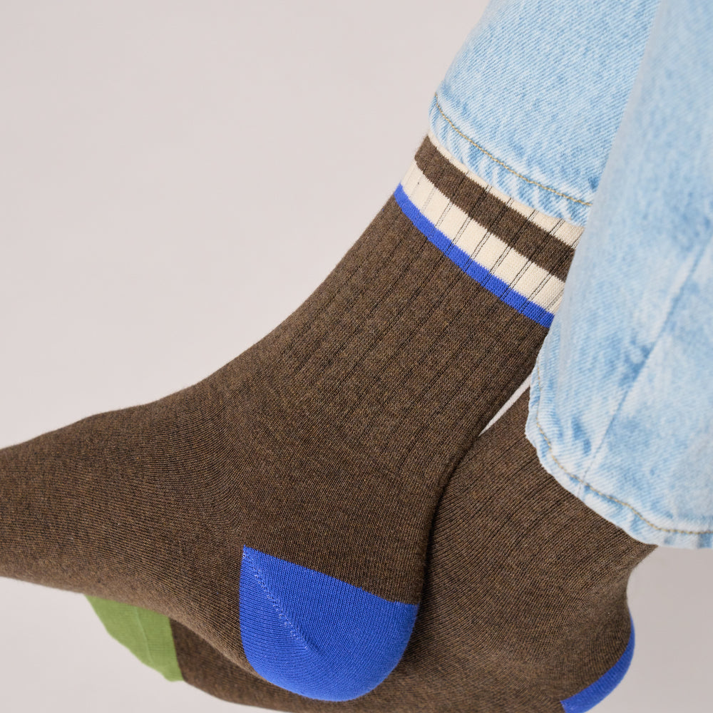 TE30 - Chaussettes en coton peigné rétro - Marron, rayé ivoire et bleu - Homme