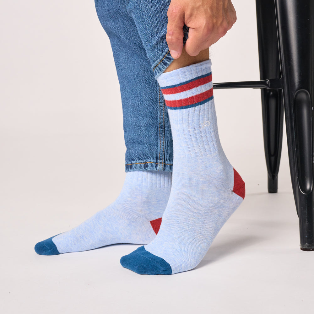 TE31 - Chaussettes garçon retro - Bleu clair, rayé rouge et bleu - Homme