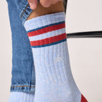 TE31 - Chaussettes garçon retro - Bleu clair, rayé rouge et bleu - Homme