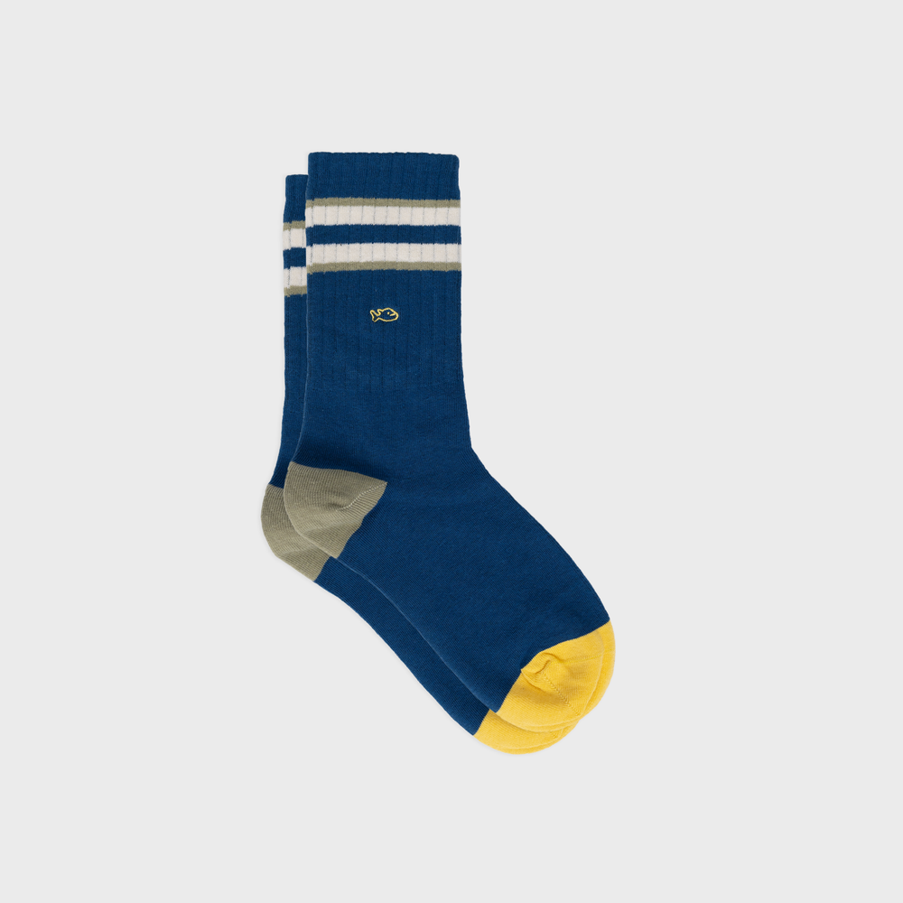TE33 Chaussettes en coton peigné rétro - Bleu, rayé vert et ivoire - Homme