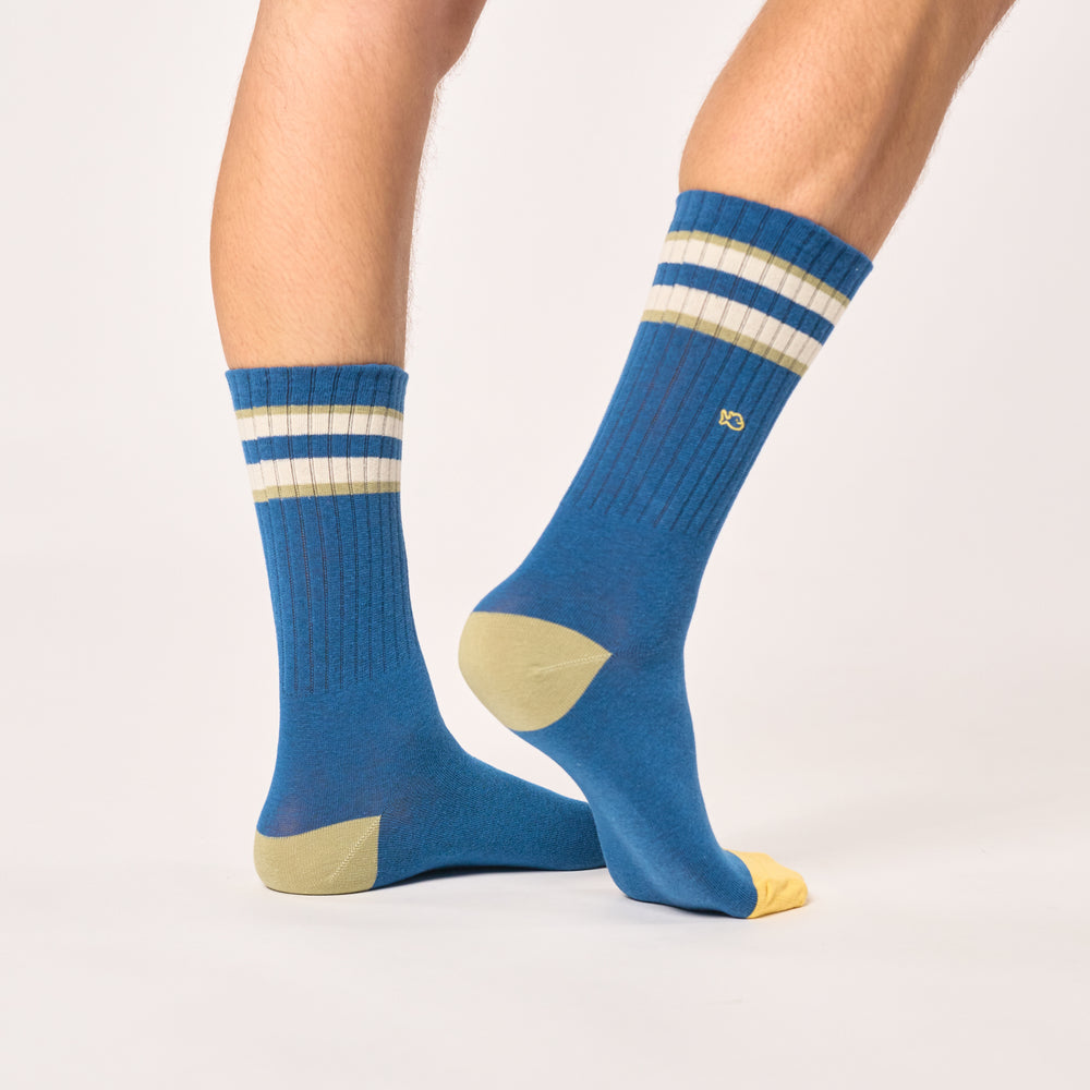 TE33 Chaussettes en coton peigné rétro - Bleu, rayé vert et ivoire - Homme