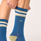 TE33 Chaussettes en coton peigné rétro - Bleu, rayé vert et ivoire - Homme