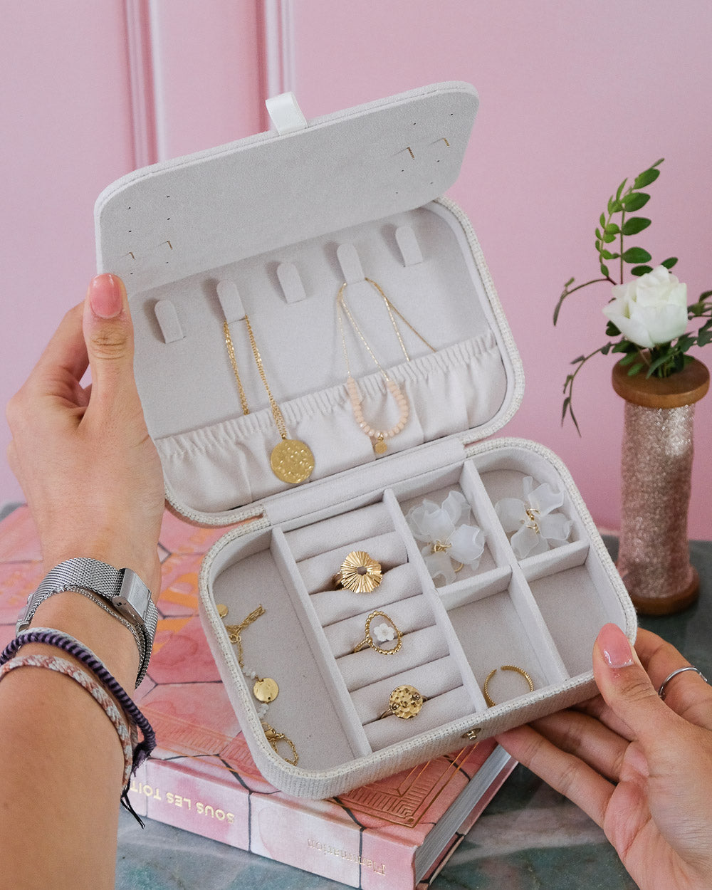 Brigitte effet lin - Rose - Boîte à bijoux de voyage