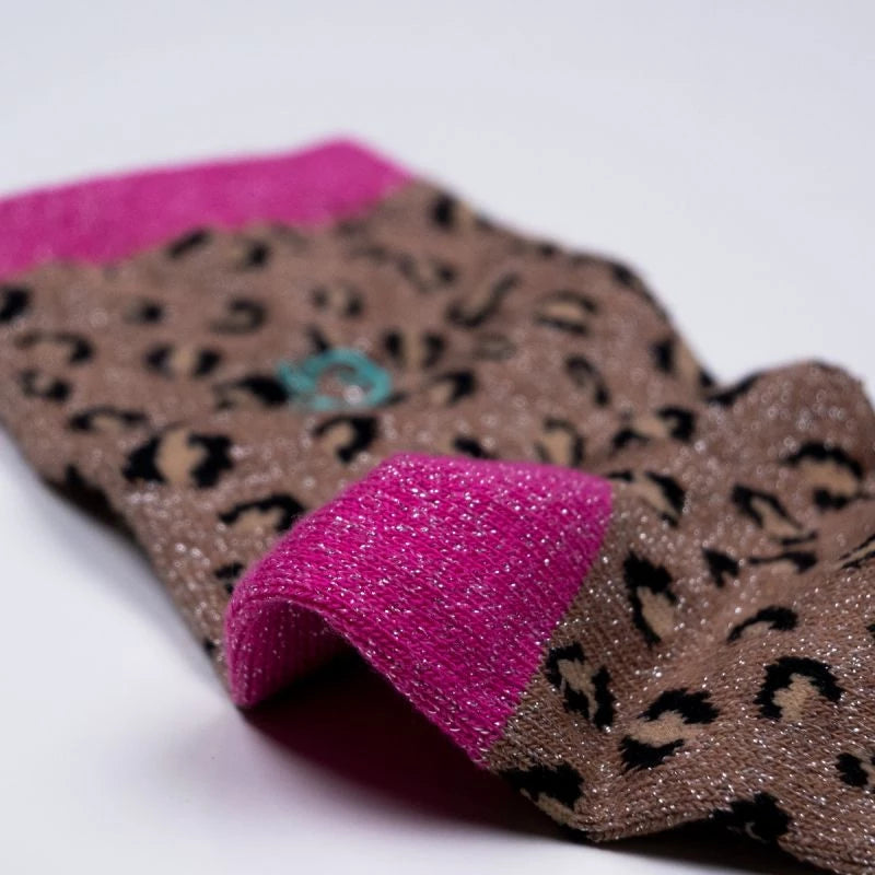 FFL04 Chaussettes Pailletées léopard camel et rose en coton peigné - Femme