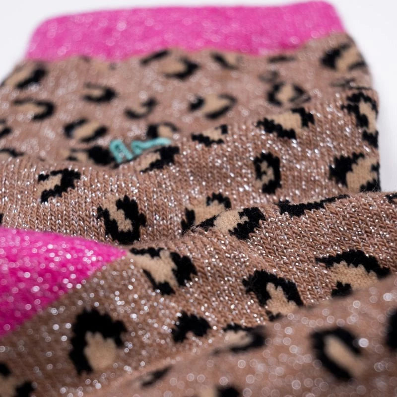 FFL04 Chaussettes Pailletées léopard camel et rose en coton peigné - Femme