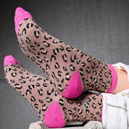 FFL04 Chaussettes Pailletées léopard camel et rose en coton peigné - Femme