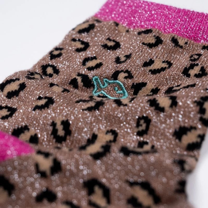 FFL04 Chaussettes Pailletées léopard camel et rose en coton peigné - Femme