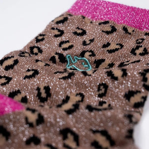 Chaussettes Pailletées léopard camel et rose en coton peigné - Femme #FFL04