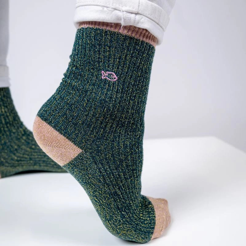 Chaussette Verte en Coton Vintage pailletées - Femme #FPA02