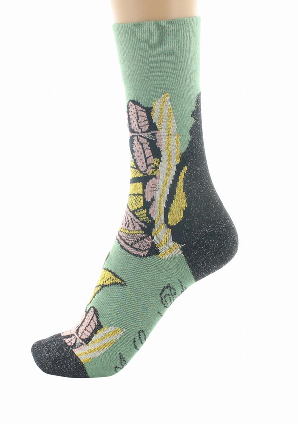 CHAUSSETTES FEMME EN COTON MOTIF FEUILLES D’OR