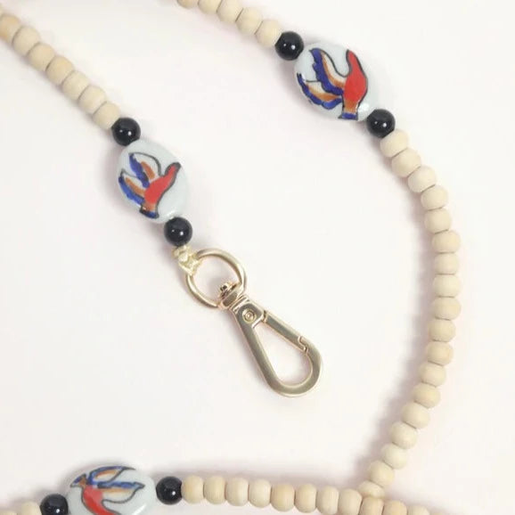 Giulia - Bandoulière Perles de bois et petites pierres blanches peintes à la main pour téléphone