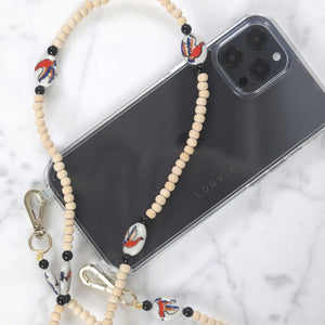 Giulia - Bandoulière Perles de bois et petites pierres blanches peintes à la main pour téléphone