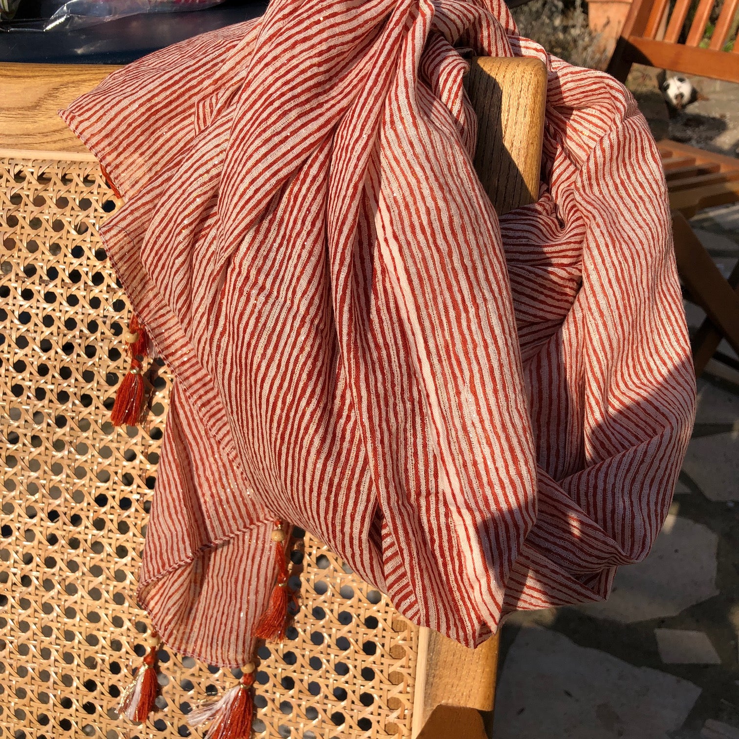 Foulard coton lurex rayé avec pompons - 61159 - Orange Foncé