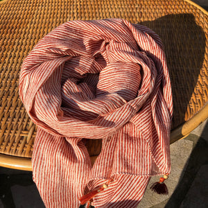 Foulard coton lurex rayé avec pompons - 61159 - Orange Foncé